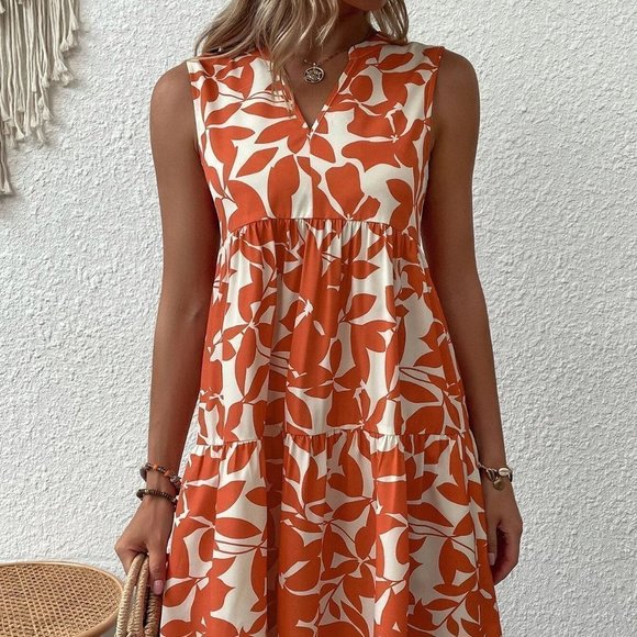 Allover Plant Print Notch Neck Ruffle Hem Dress - Picture 4 of 5